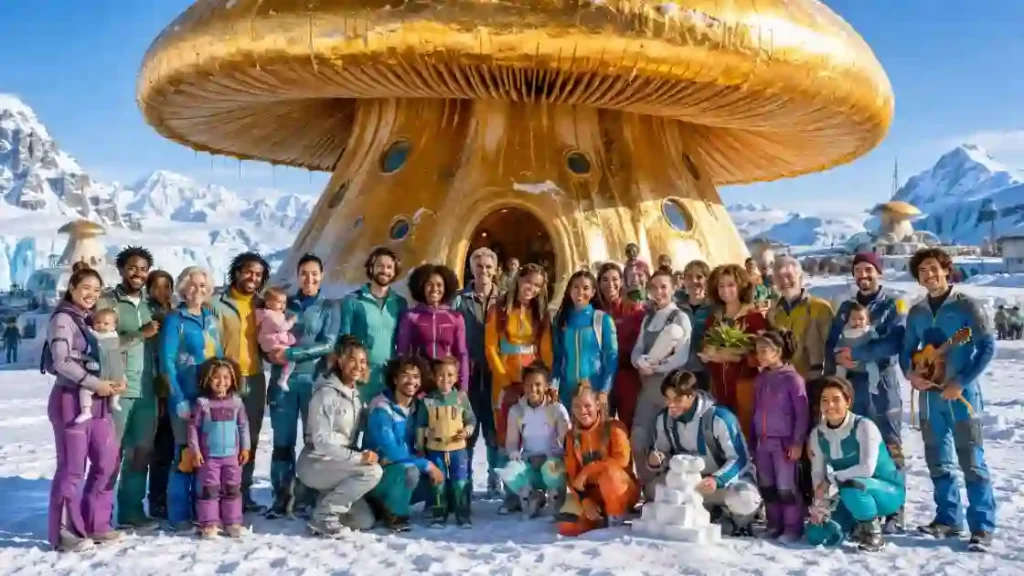 The people of Felicia look very youthful and fit in this photo opportunity in front of a community Colossal Golden Mushroom