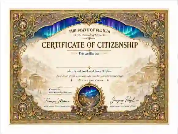 Become a citizen of Felicia - get this official immutable Felicia citizenship certificate