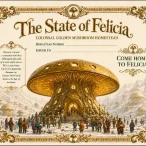Citizenship Welcome Package includes the Colossal Golden Mushroom Homestead, as shown here, Certificate of Citizenship, and Proclamation of Rights.