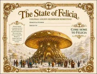 Citizenship Welcome Package includes the Colossal Golden Mushroom Homestead, as shown here, Certificate of Citizenship, and Proclamation of Rights.